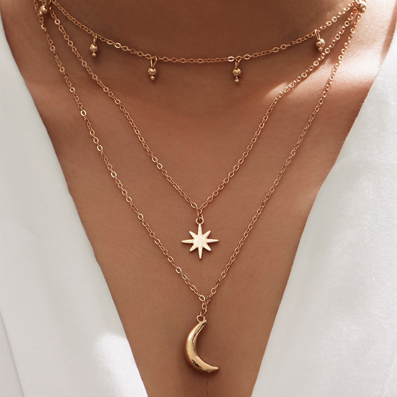 Star and Moon Pendant Necklace with Multi-Layer Tassel