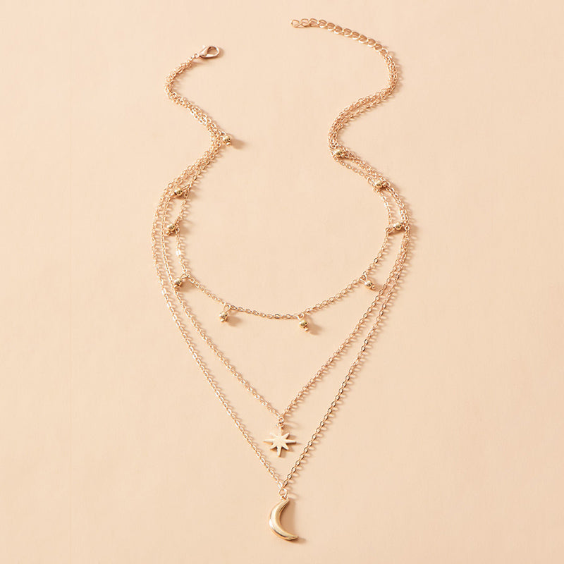 Star and Moon Pendant Necklace with Multi-Layer Tassel